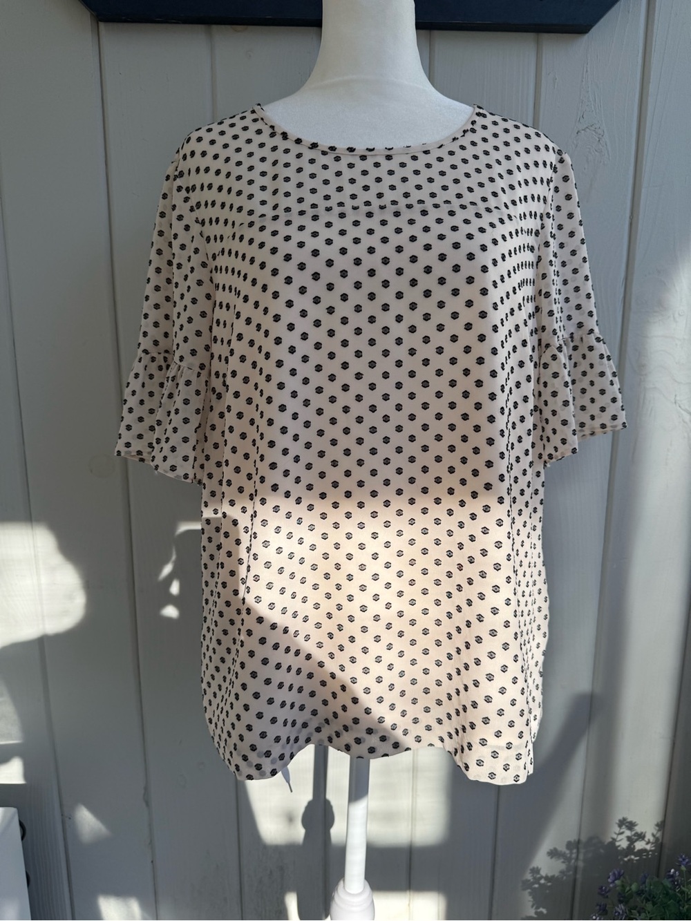 NWT J. Crew Beige Top with Black Polka Dots and Flutter Sleeves